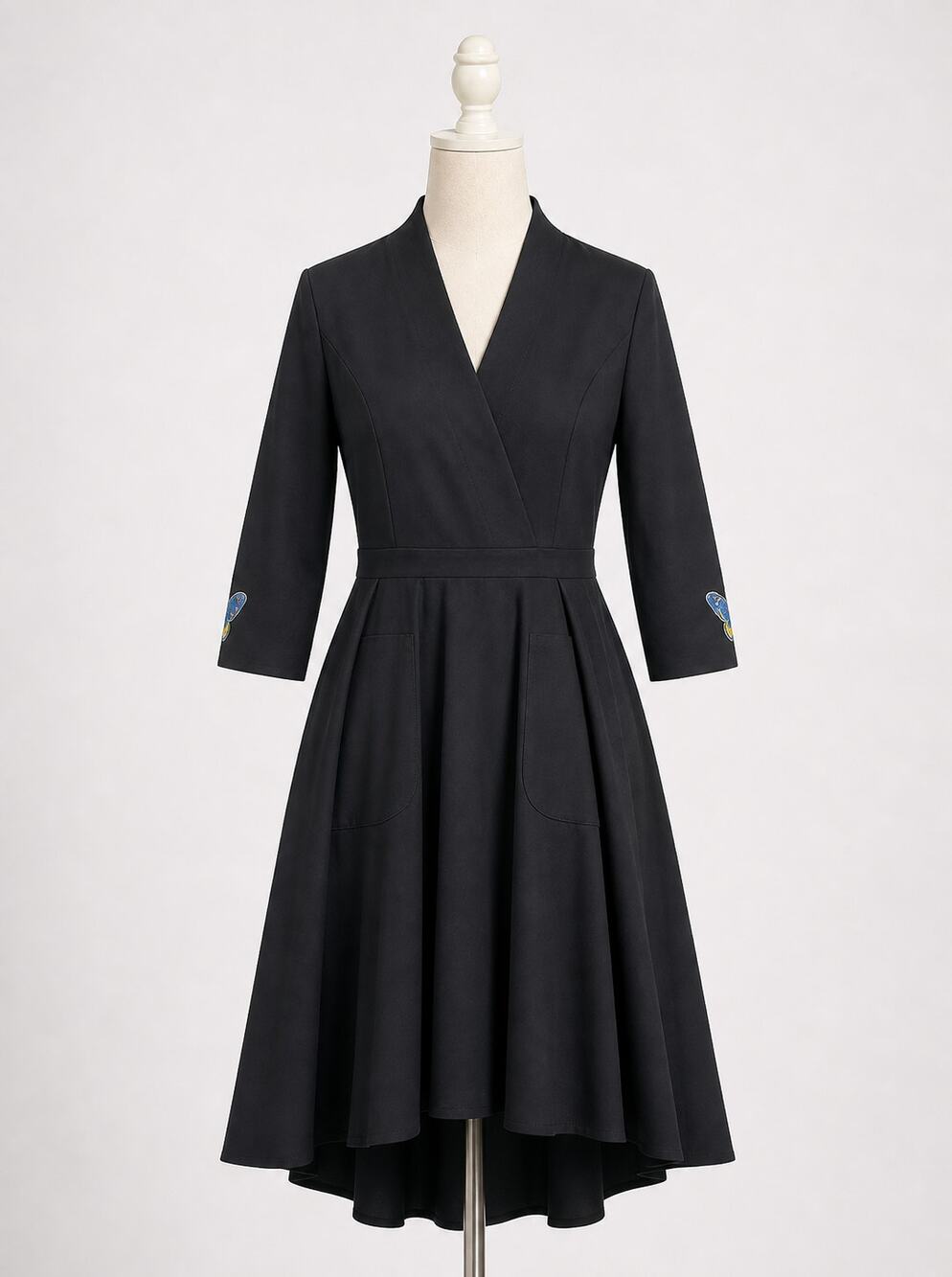 Black Long Sleeve Dress with Butterfly Patch Sleeves Pockets Large